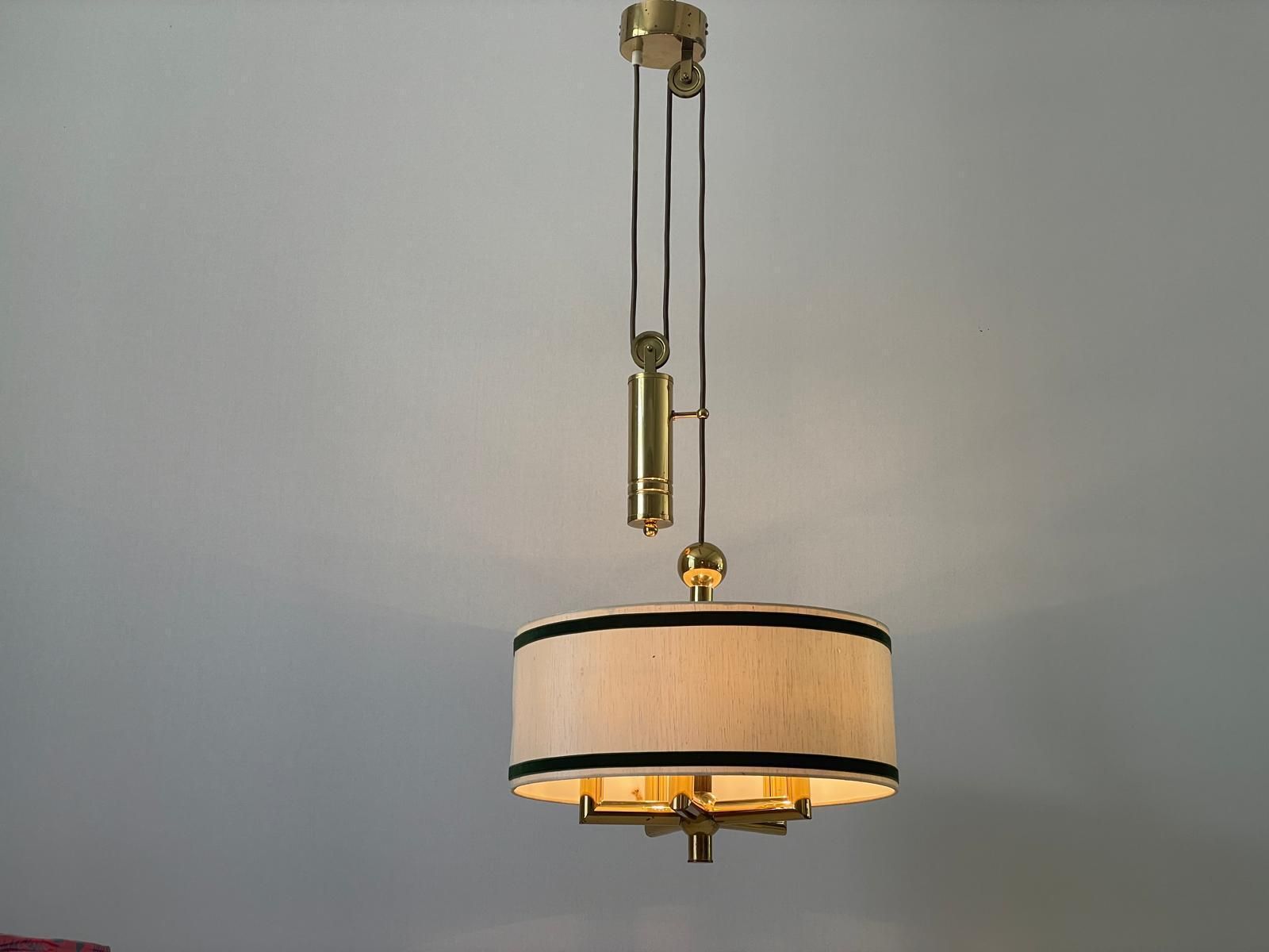 Cylindrical Fabric Shade And Full Brass Body Counterweight Ceiling Lamp By Tz Leuchten, 1970s, Germany