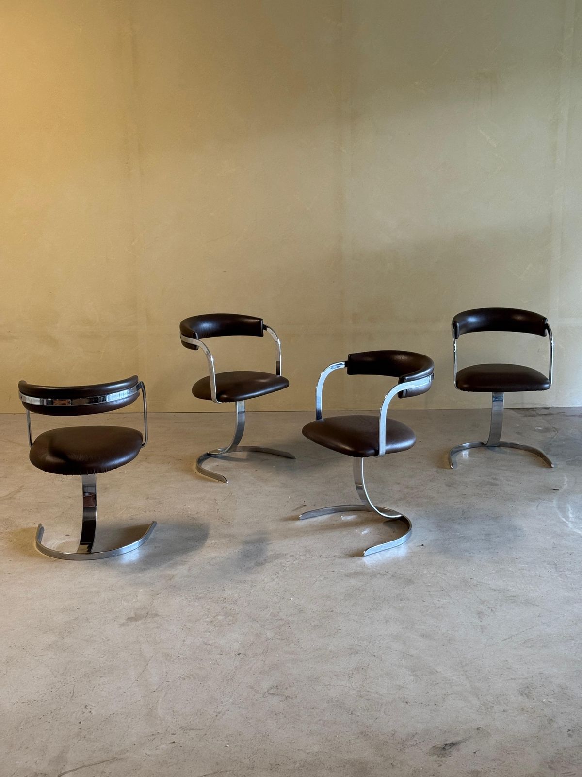 Set Of 4 Cast Iron Chromed Diningchairs With Brown Leather Seating, 1970s photo 2850.0