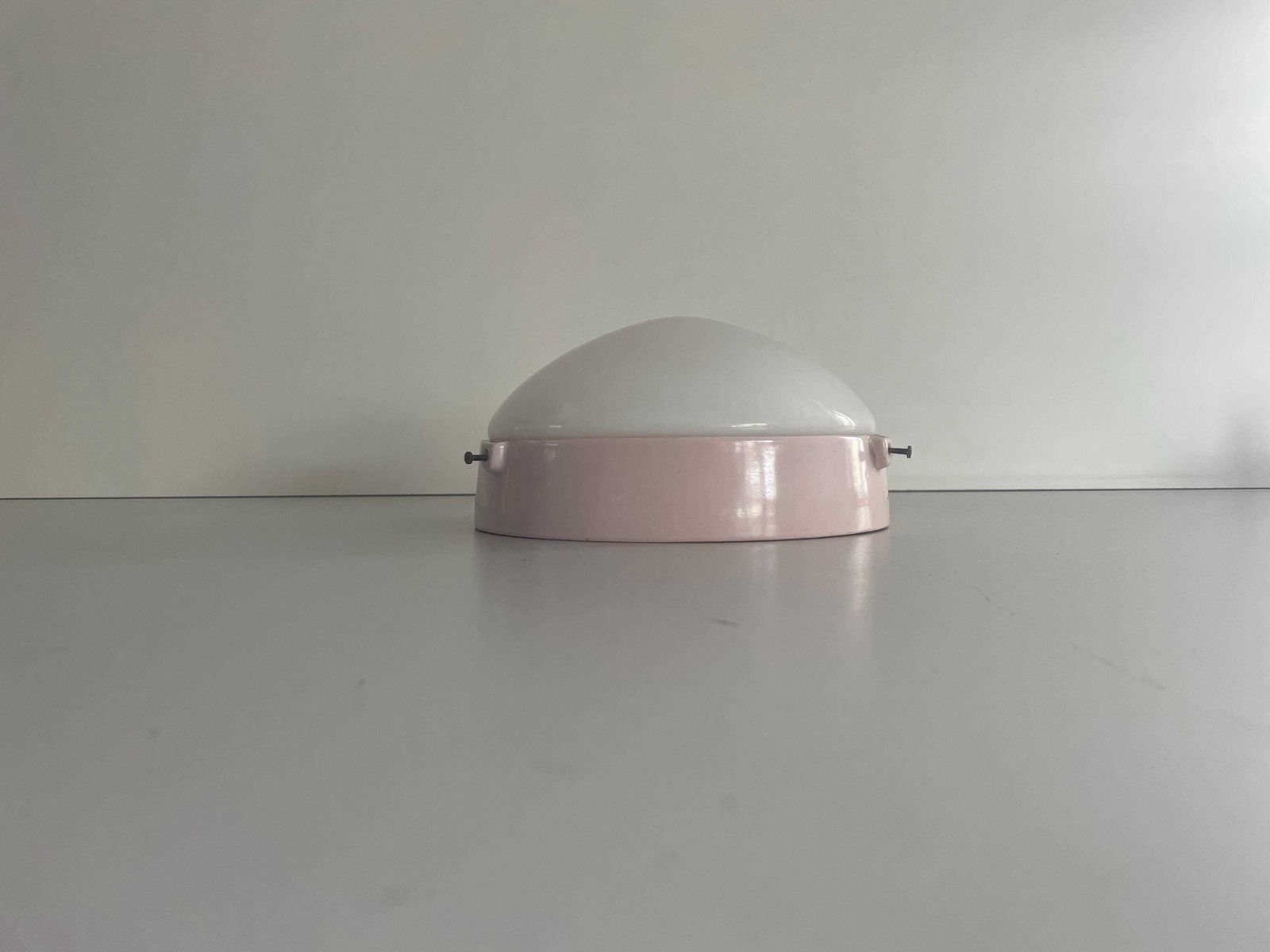 photo furniture Round Opaline Glass And Pink Porcelain Single Bathroom Flush Mount Light, 1950s, Italy
