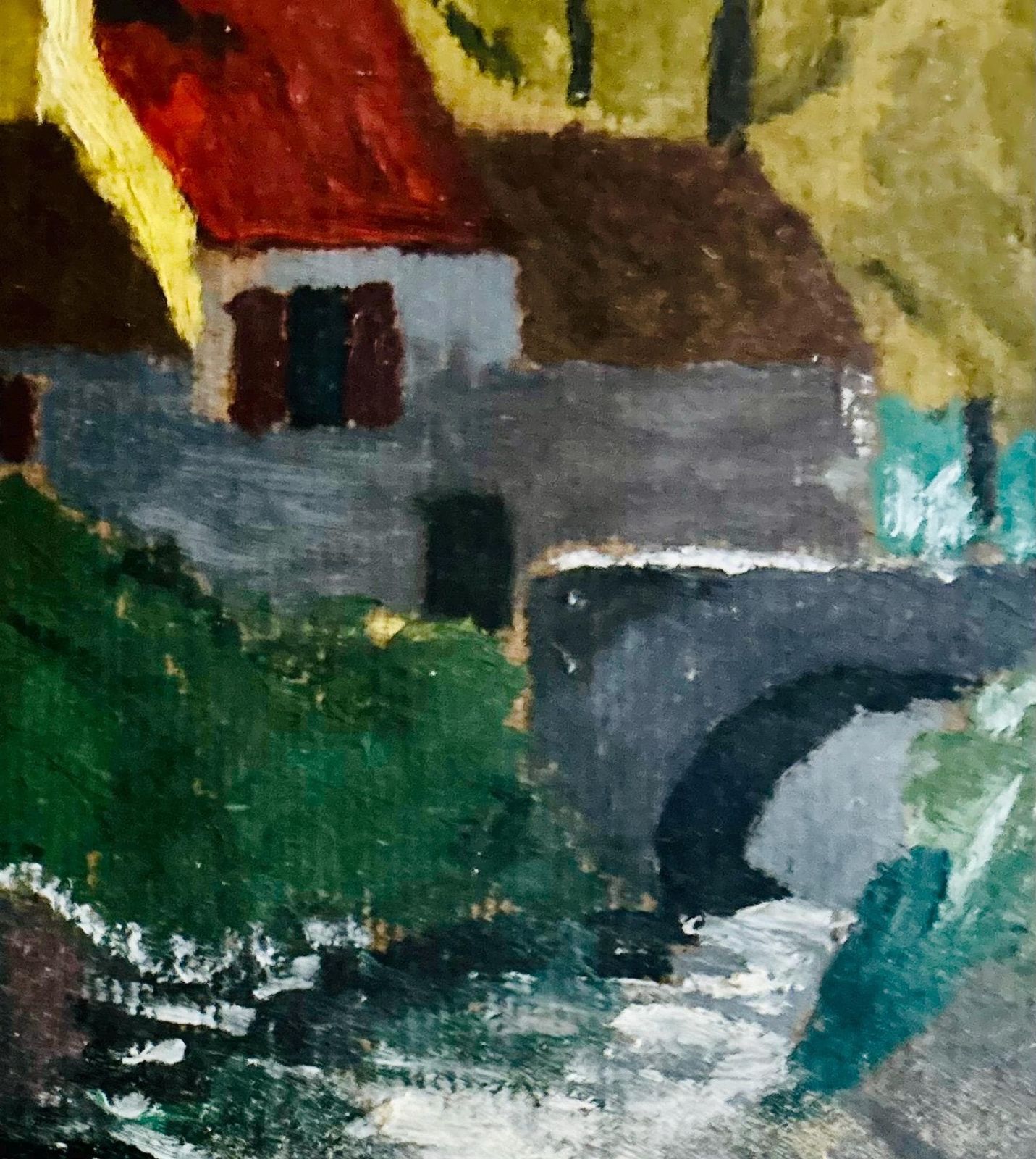 Frans Olieverfschilderij Op Paneel, Jaren 1930. Barbizon School. Boerderij In Frankrijk. Brug, Herfstbladeren En Beek. Landelijke Decoratie. photo Kunst