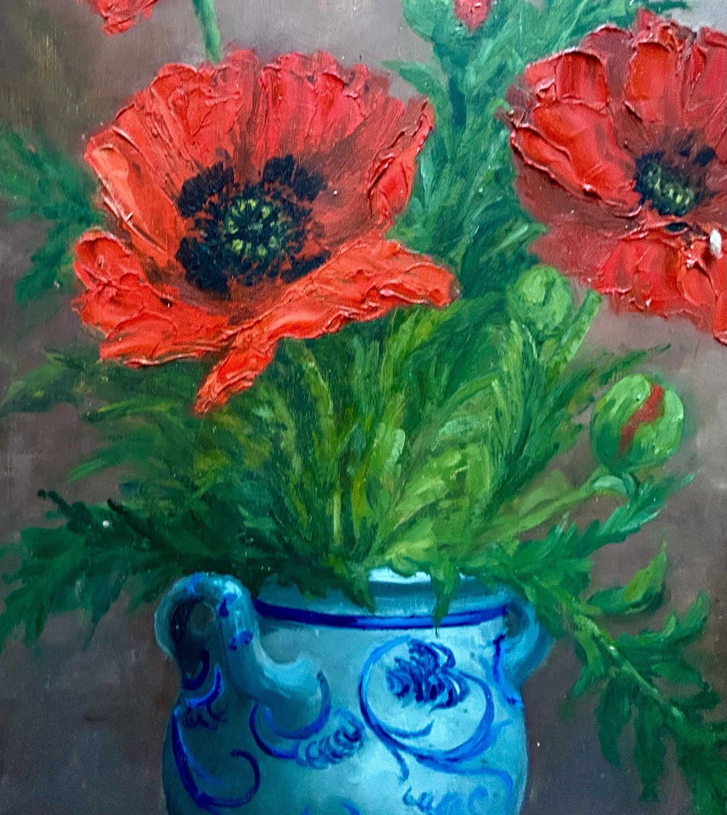 Frans Olieverfschilderij Uit De Jaren 1940 – Rode Klaprozen In Blauwe Vaas, R. Germain – Bloemenstilleven, Provence, Botanische Kunst, Vintage, Ingelijst photo vintage
