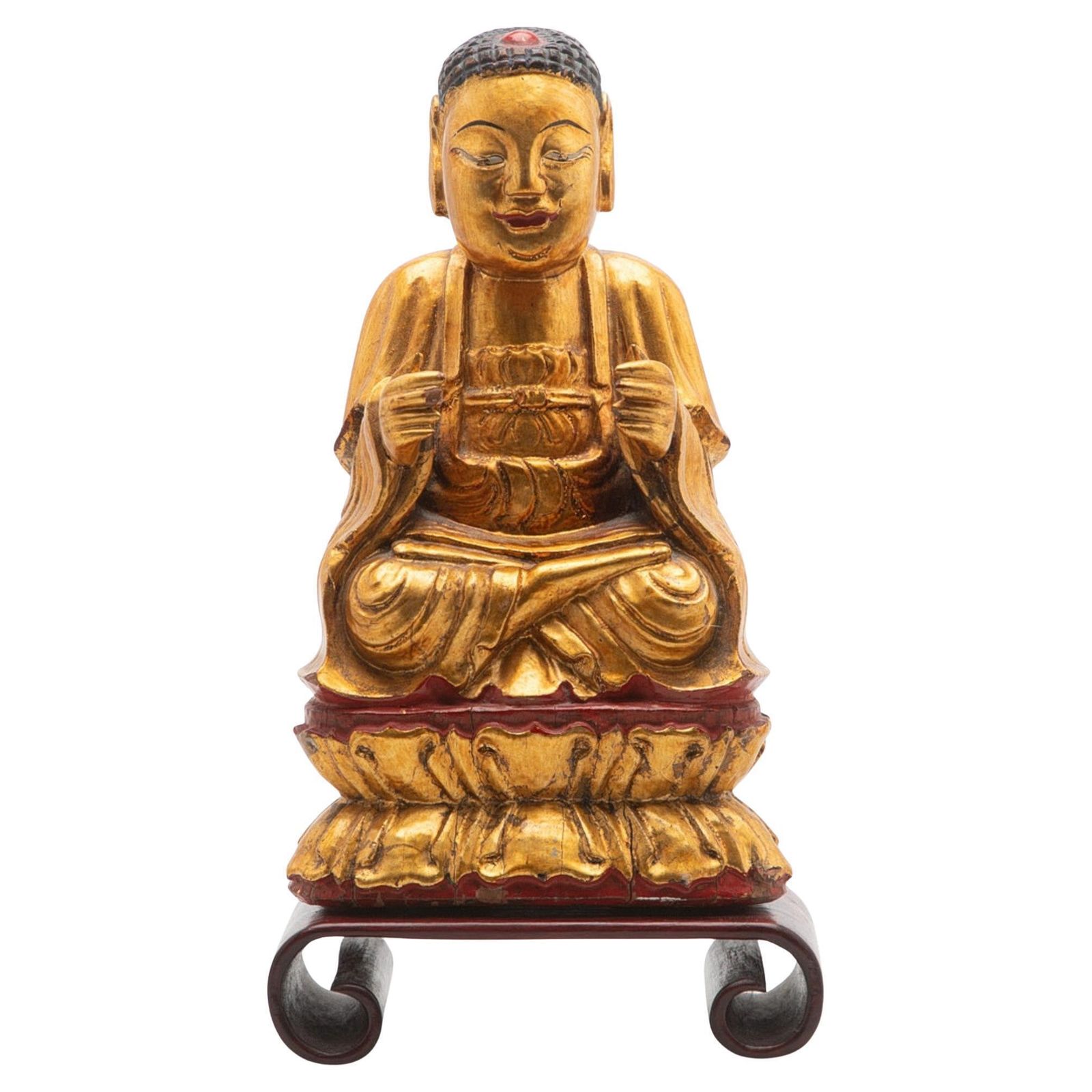 Antique Seated Buddha Amitābha Vietnam C.1900, Gilded Wooden Sculpture On Lotus