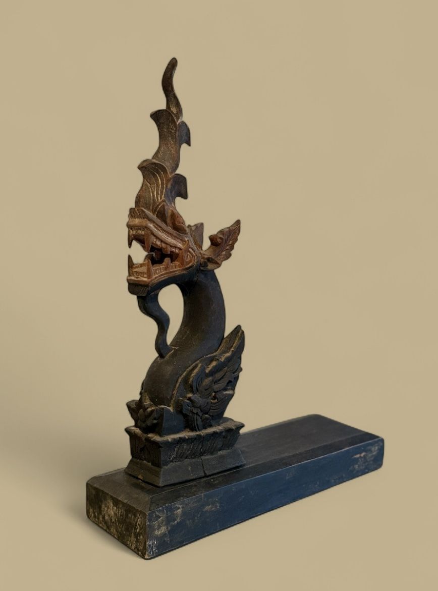 Antique Wood Carving From South East Asia Of A Naga On Stand photo for sale