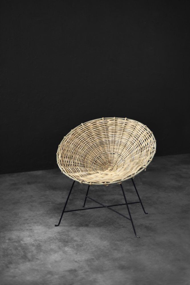 Mid Century Modern Round Woven Bamboo Armchair, Germany, 1960s photo for sale