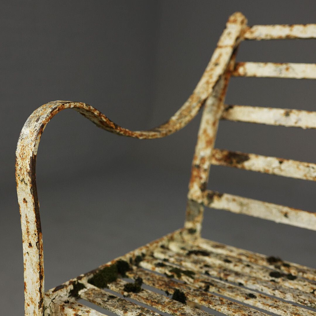 19th Century Regency Wrought Iron Strapwork Garden Bench Painted In A Distressed Finish 127cm W X 91cm photo for sale