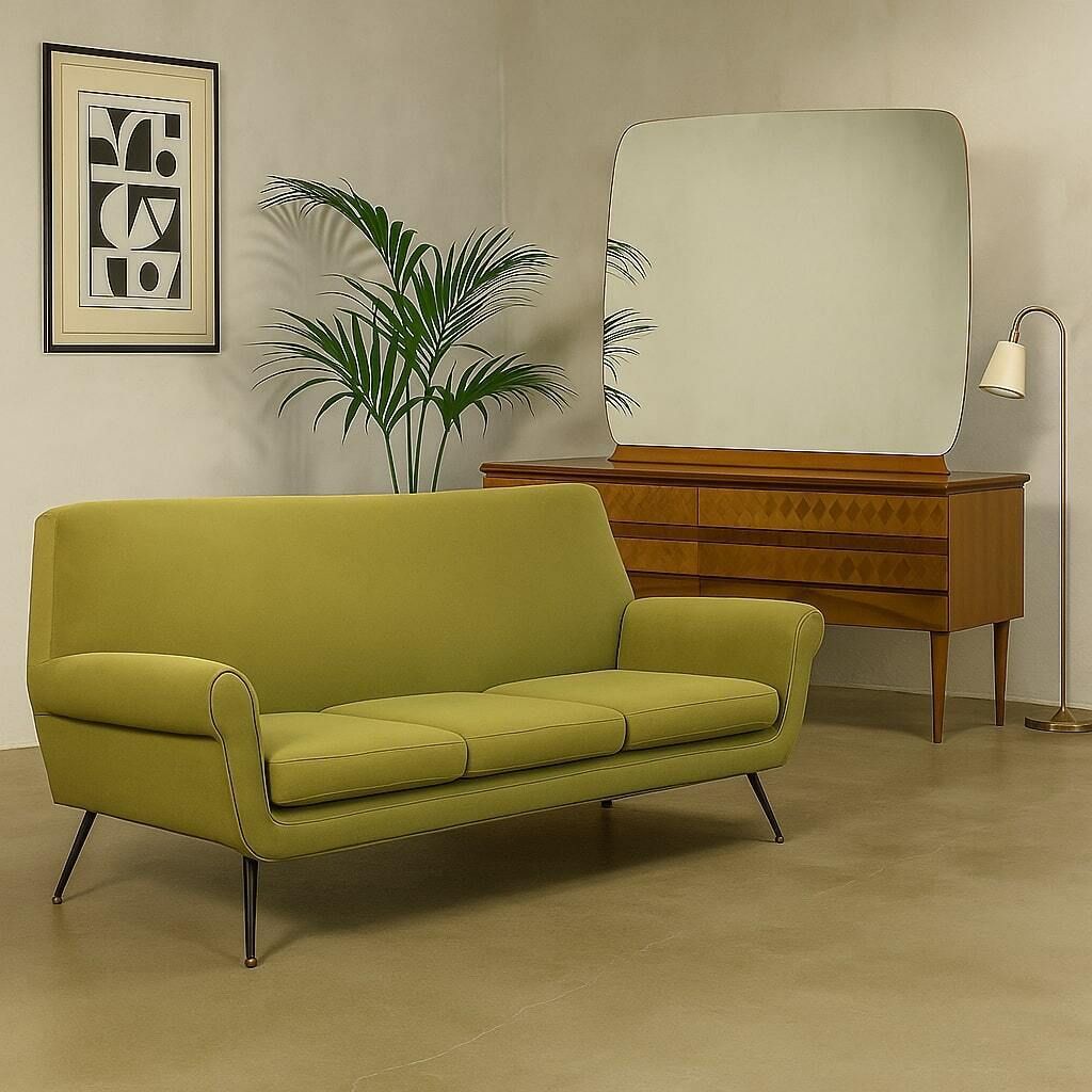 Vintage Sofa Fabric Brass 3 Seater Design Italy 1950s 1960s photo furniture