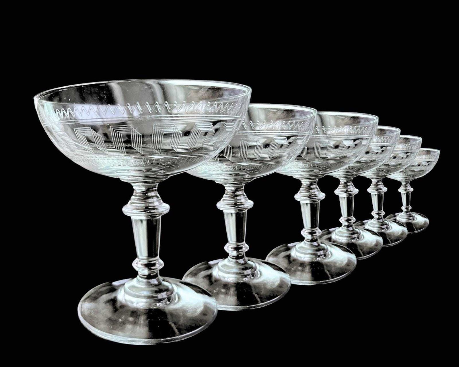 Franse Champagnecoupes | 6 Stuks | Griekse Sleutelrand Gravure | Ca. 1900