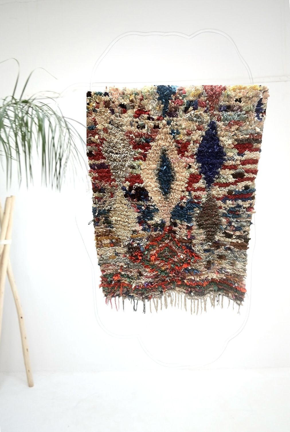 Vintage Moroccan Boucherouite Rug Lozenge Diamond Tasseled Berber Carpet Modern Colourful Mid Century  