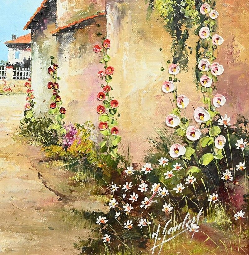 Painting “The Blue Shutters” Signed J. Gaubert – 2nd Part 20th Century photo vintage