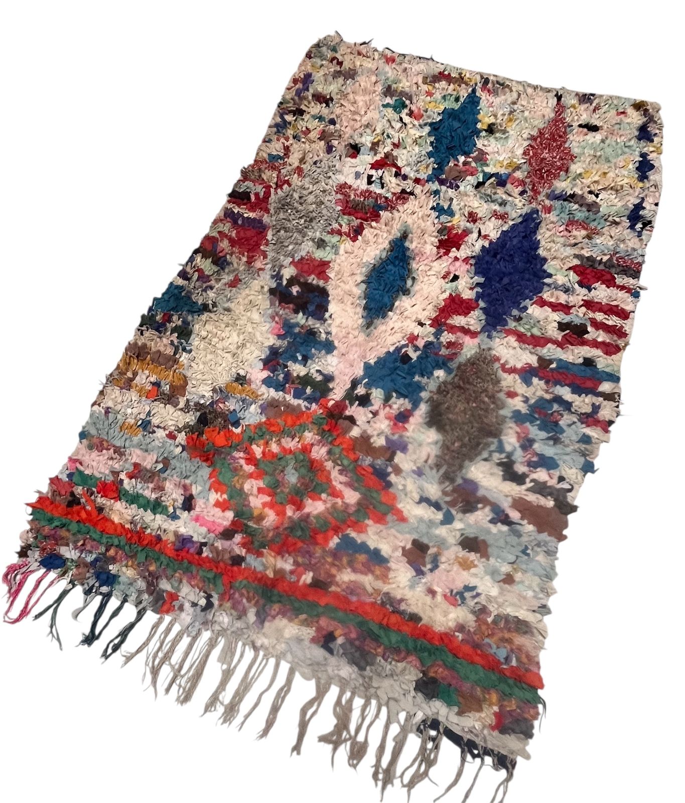 Vintage Moroccan Boucherouite Rug Lozenge Diamond Tasseled Berber Carpet Modern Colourful Mid Century   photo vintage