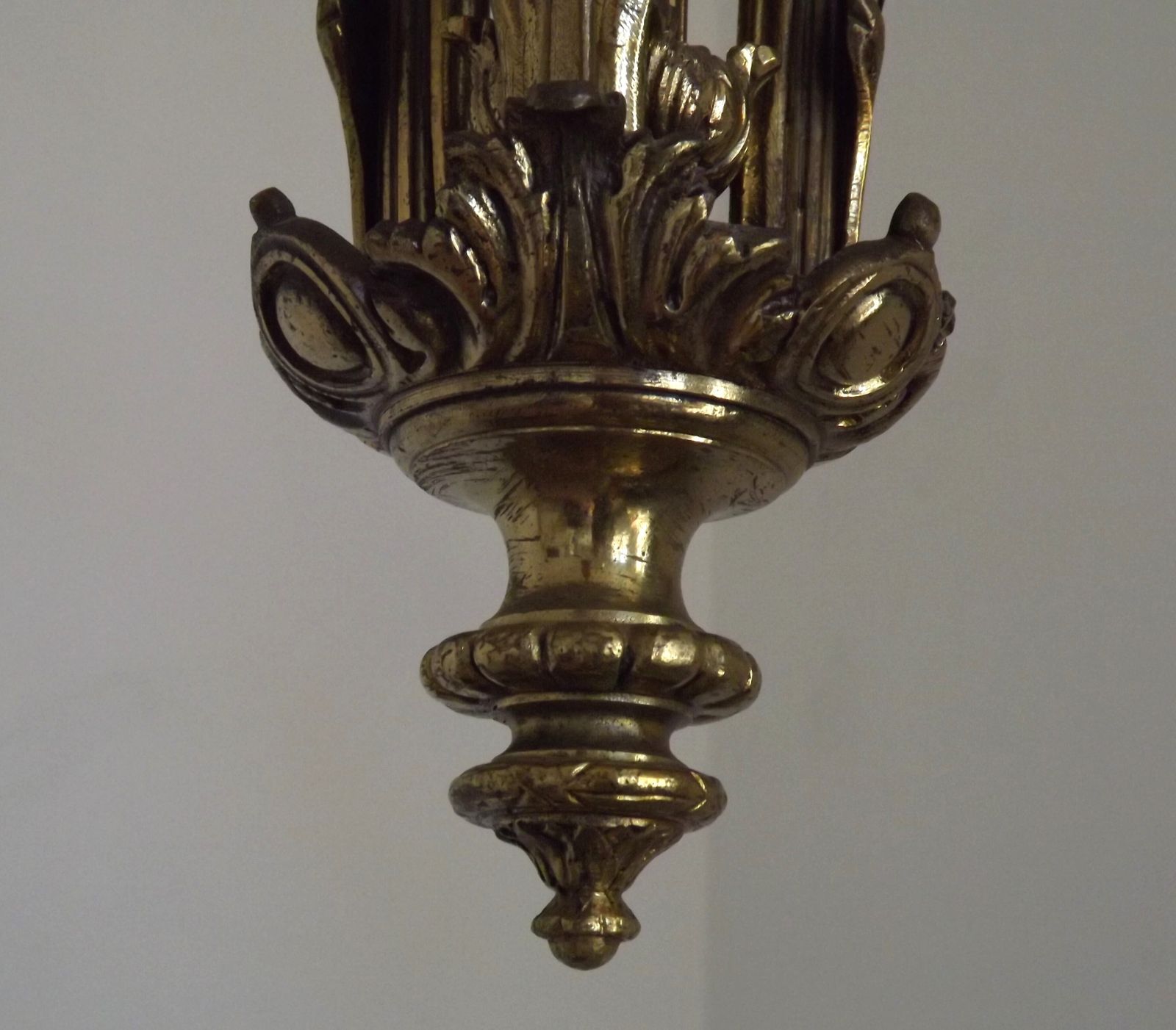 French Art Nouveau 3 Light Bronze Chandelier  With Orange & Green Art Glass Shades photo vinterior