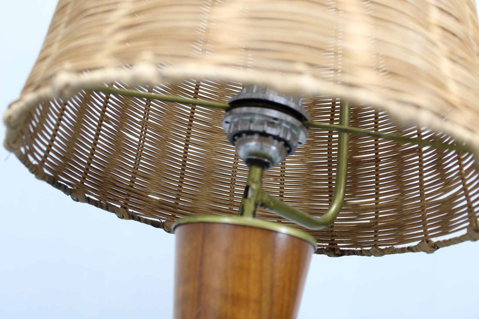 1960s Parker Knoll Wooden Table Lamp With Wicker Shade, Britain photo vinterior