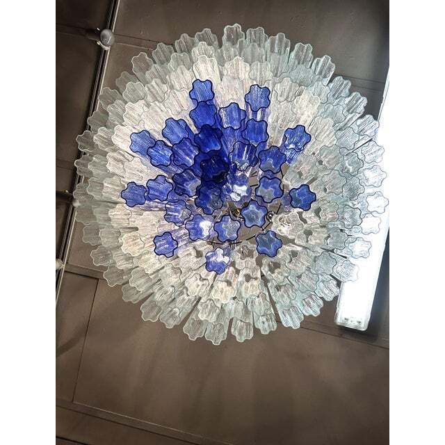 Large Transparent And Blue "Tronchi" Murano Glass Chandelier In Venini Style photo for sale