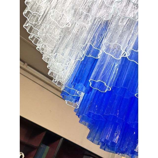 Large Transparent And Blue "Tronchi" Murano Glass Chandelier In Venini Style photo Lighting