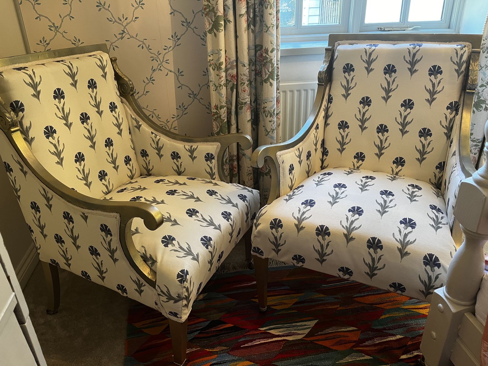 A Pair Of Victorian Armchairs, Totally Restored And Upholstered In An Archived Printed Order Laura Ashley Fabric. photo vinterior
