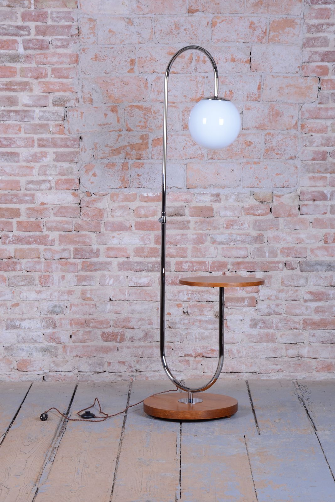 Restored Bauhaus Floor Lamp, By Robert Slezak, Oak, Chrome, Glass, Czech, 1930s photo furniture