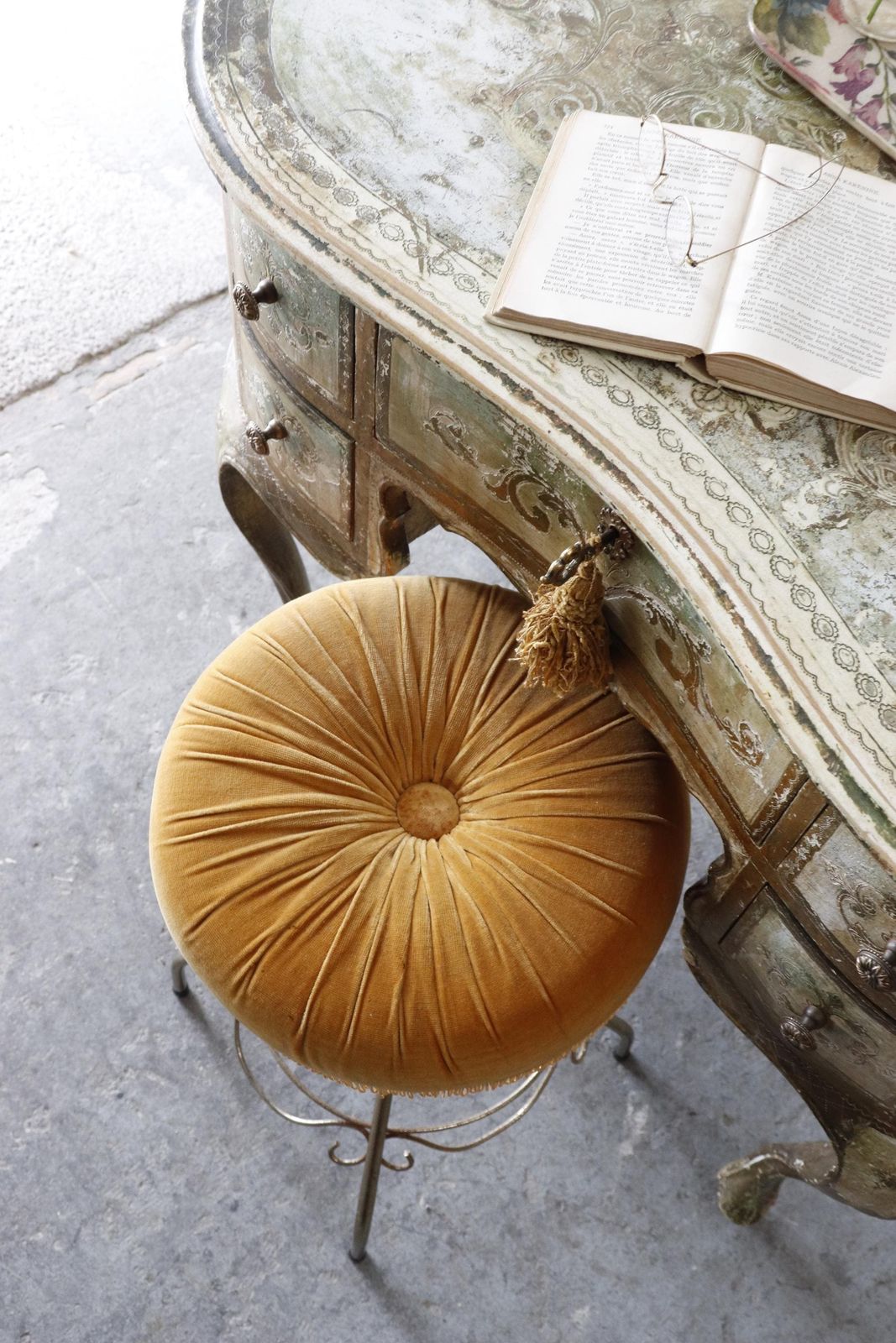 1960s Dressing Table Stool With Gold Velour Seat And Pale Gold Trim