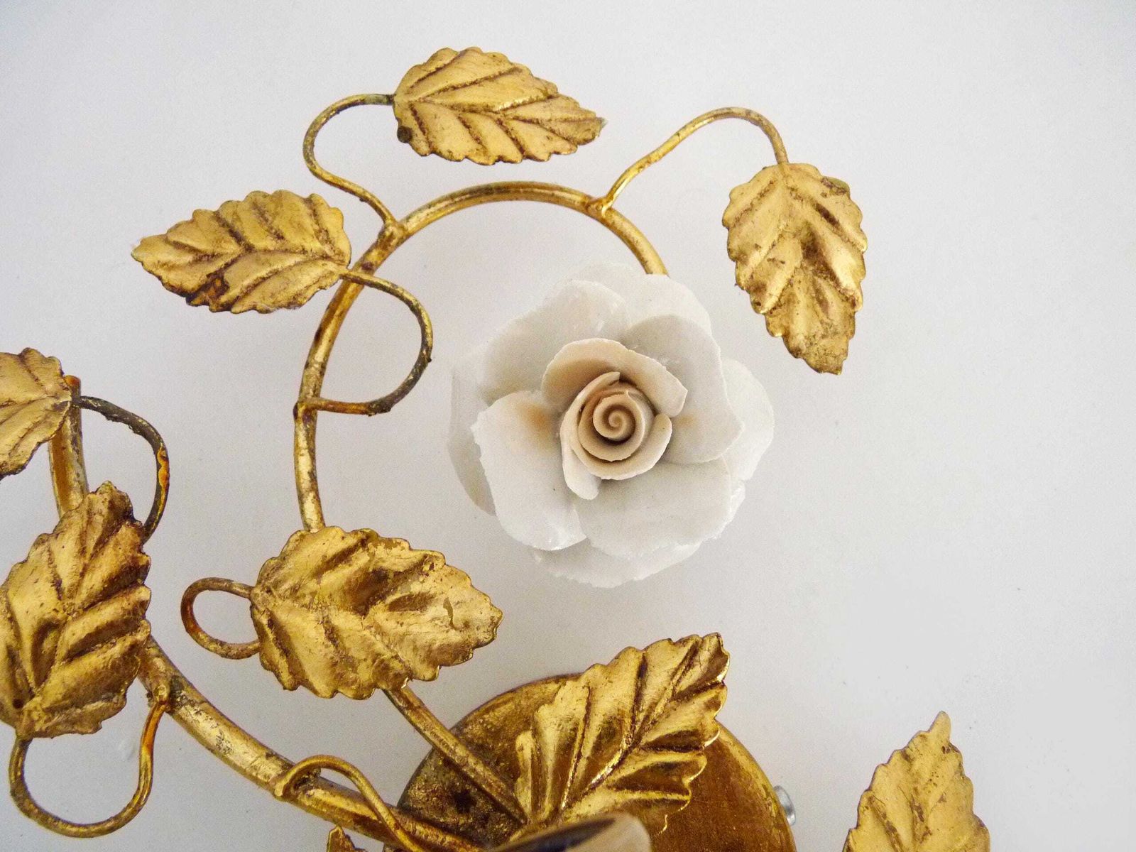Pair Of Italian Wall Sconces With Gold Leaf And Rose Ceramic Decorations. 1970s 1980s photo vintage