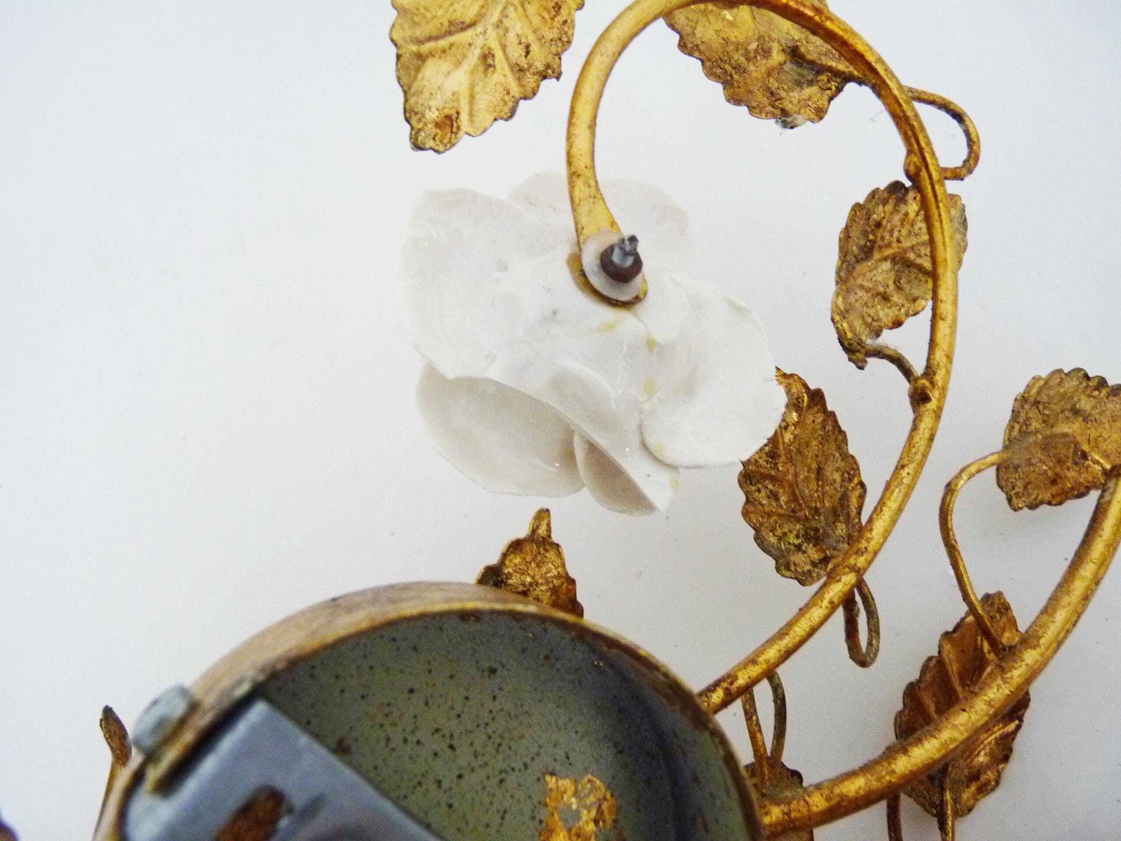 photo for sale Pair Of Italian Wall Sconces With Gold Leaf And Rose Ceramic Decorations. 1970s 1980s