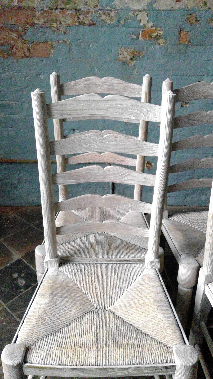 A Set Of Four Lancashire Antique  Limed  Oak Ladderback Rush Seated  Chairs photo for sale