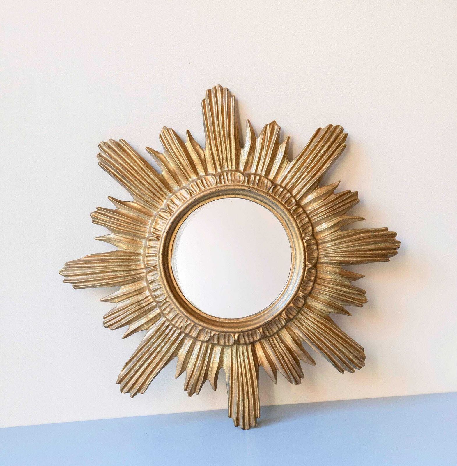 Round Sunburst Mirror, Vintage Mid Century Mirror, 1960s Design, Italian Sun Mirror, Golden Wall Hanging, Made In Italy photo for sale
