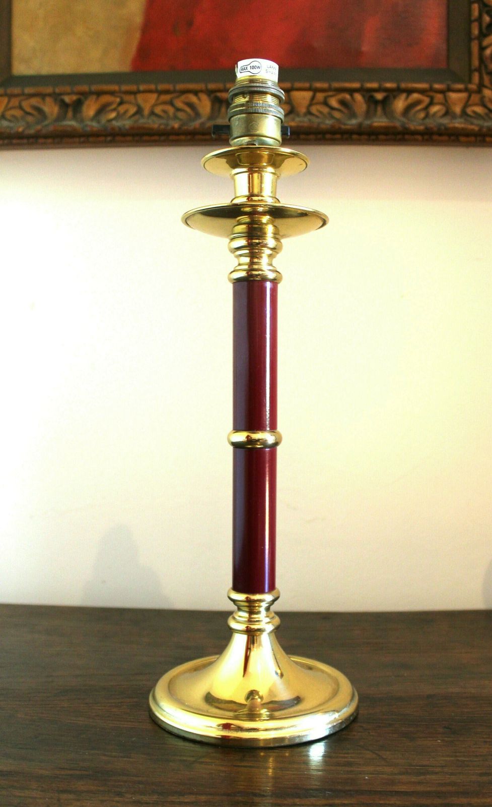 Attractive Pair Of Vintage Brass And Burgundy Column Lamps With Matching Lampshades. photo buy
