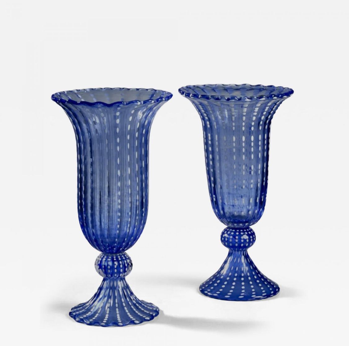 Mid Century Modern Pair Of Tall Blue Ribbed Murano Glass Vases