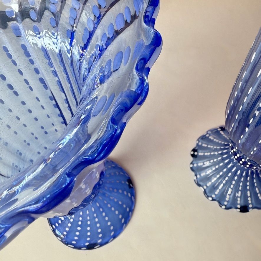 Mid Century Modern Pair Of Tall Blue Ribbed Murano Glass Vases photo vintage