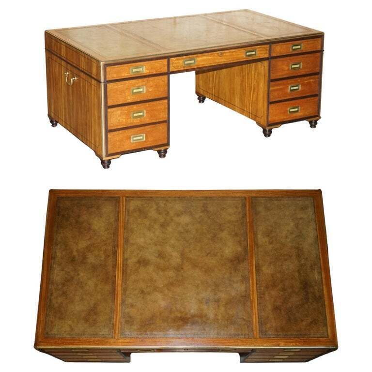 Exquisite Extra Large Double Sided Military Campaign Twin Pedestal Partner Desk