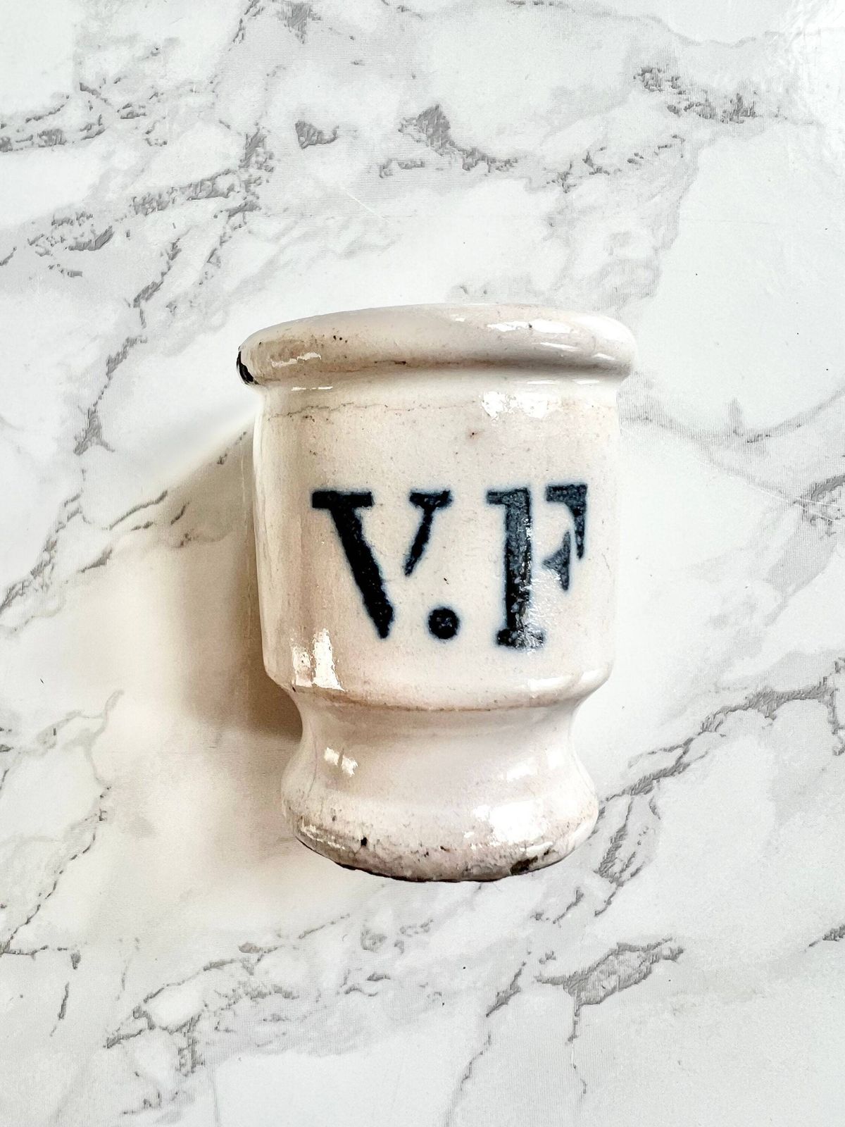 Ointment Pot French Antique Vf Little Ophthalmic Medicine Pottery Apothecary Majolica Glazed Pot Blue Lettering Veuve Farnier 18th Century photo furniture