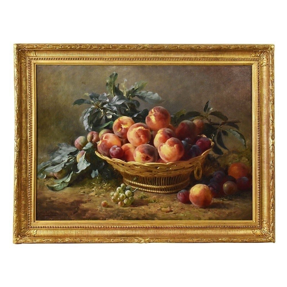 Antique Still Life Oil Painting With Fruit, Peaches And Plums, Oil On Canvas, XIX Century.