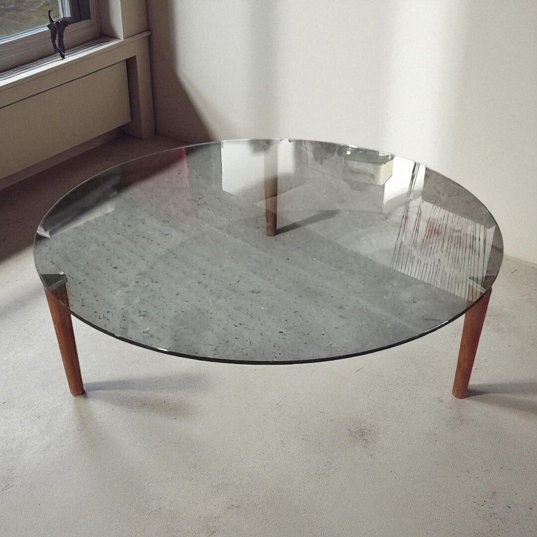 Furniture Glass Topped Minimalist Style Coffee Table With Teak Legs photo