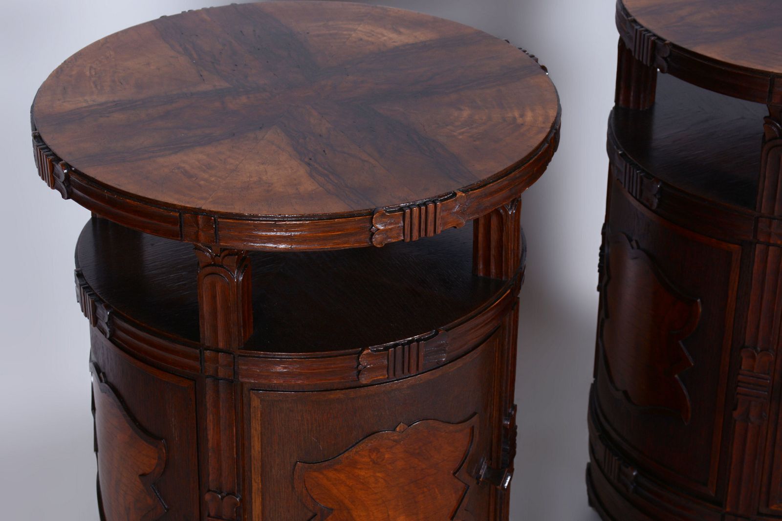 Pair Of Restored Cubism Bedside Tables, Oak, Walnut, Polished, Czech, 1910s photo Furniture
