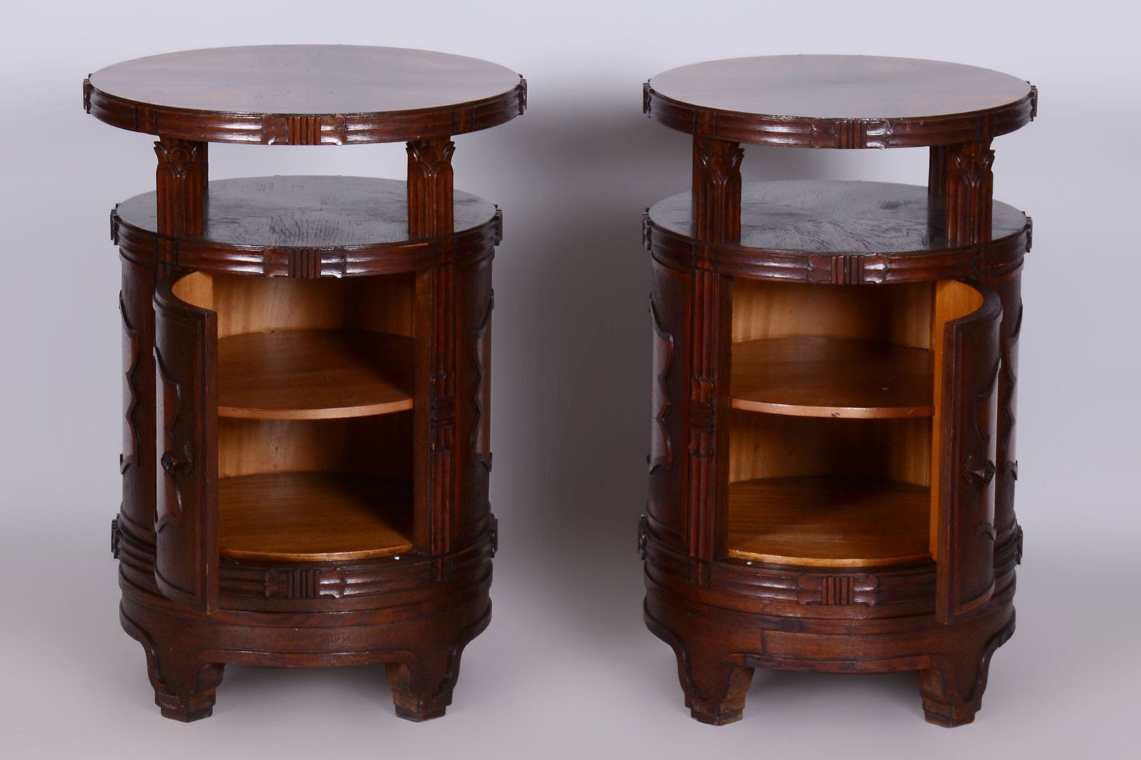 Pair Of Restored Cubism Bedside Tables, Oak, Walnut, Polished, Czech, 1910s photo vinterior