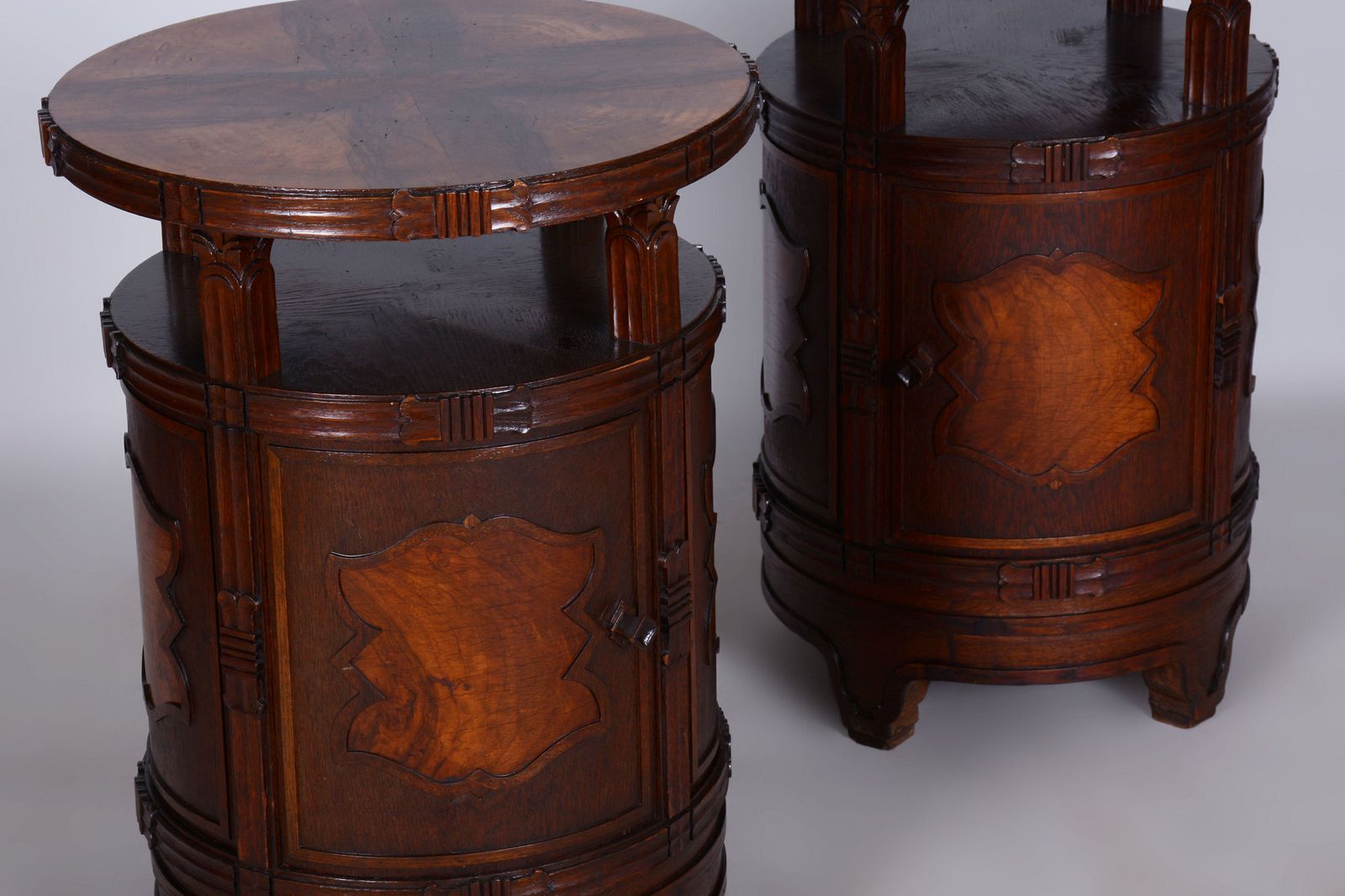 Pair Of Restored Cubism Bedside Tables, Oak, Walnut, Polished, Czech, 1910s photo vintage