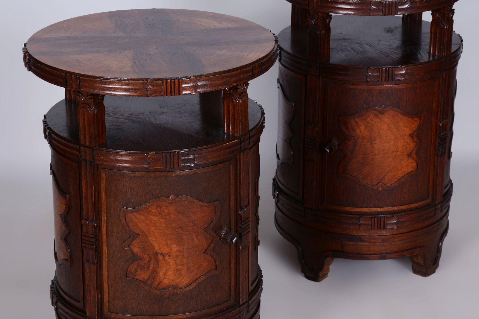 photo furniture Pair Of Restored Cubism Bedside Tables, Oak, Walnut, Polished, Czech, 1910s