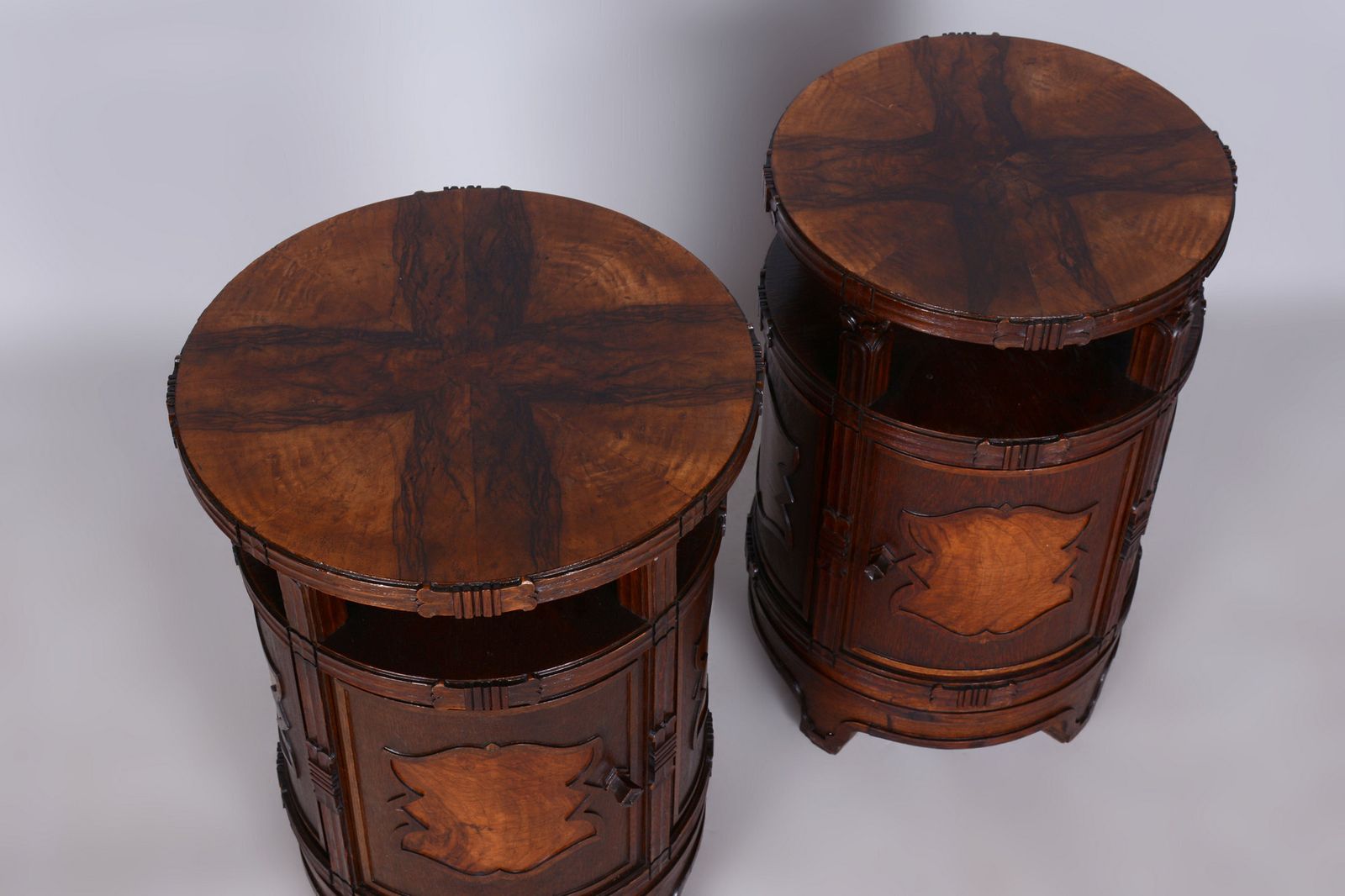 photo for sale Pair Of Restored Cubism Bedside Tables, Oak, Walnut, Polished, Czech, 1910s
