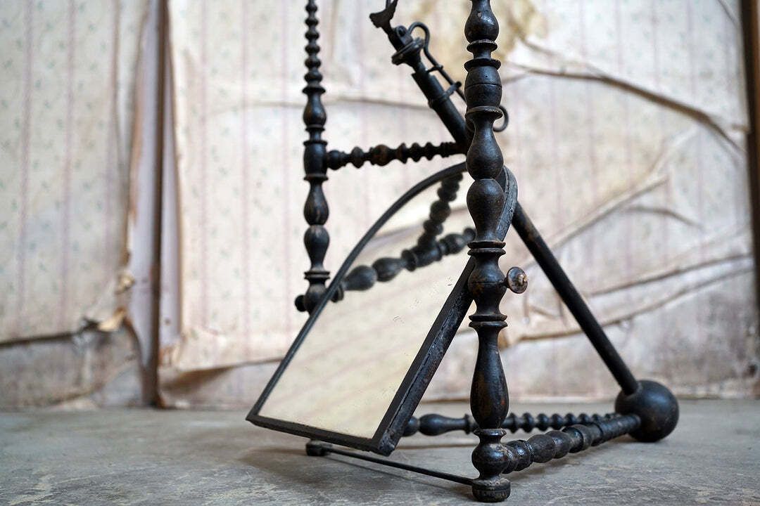 A Unique Early Victorian Ebonised & Bobbin Turned Adjustable Telescopic Table Mirror C.1850 photo for sale