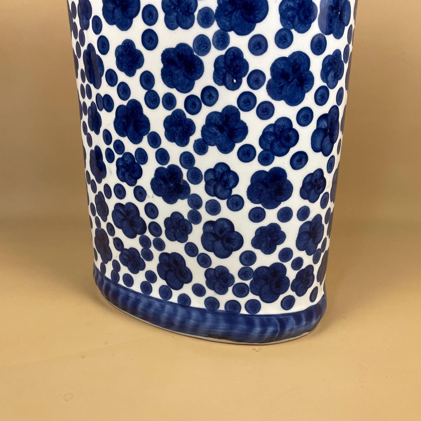 Large Vintage Blue & White Porcelain Umbrella Stand Vase With Hand Painted Blossom Floral Pattern Oriental Chinoiserie Style Oval Top photo vintage