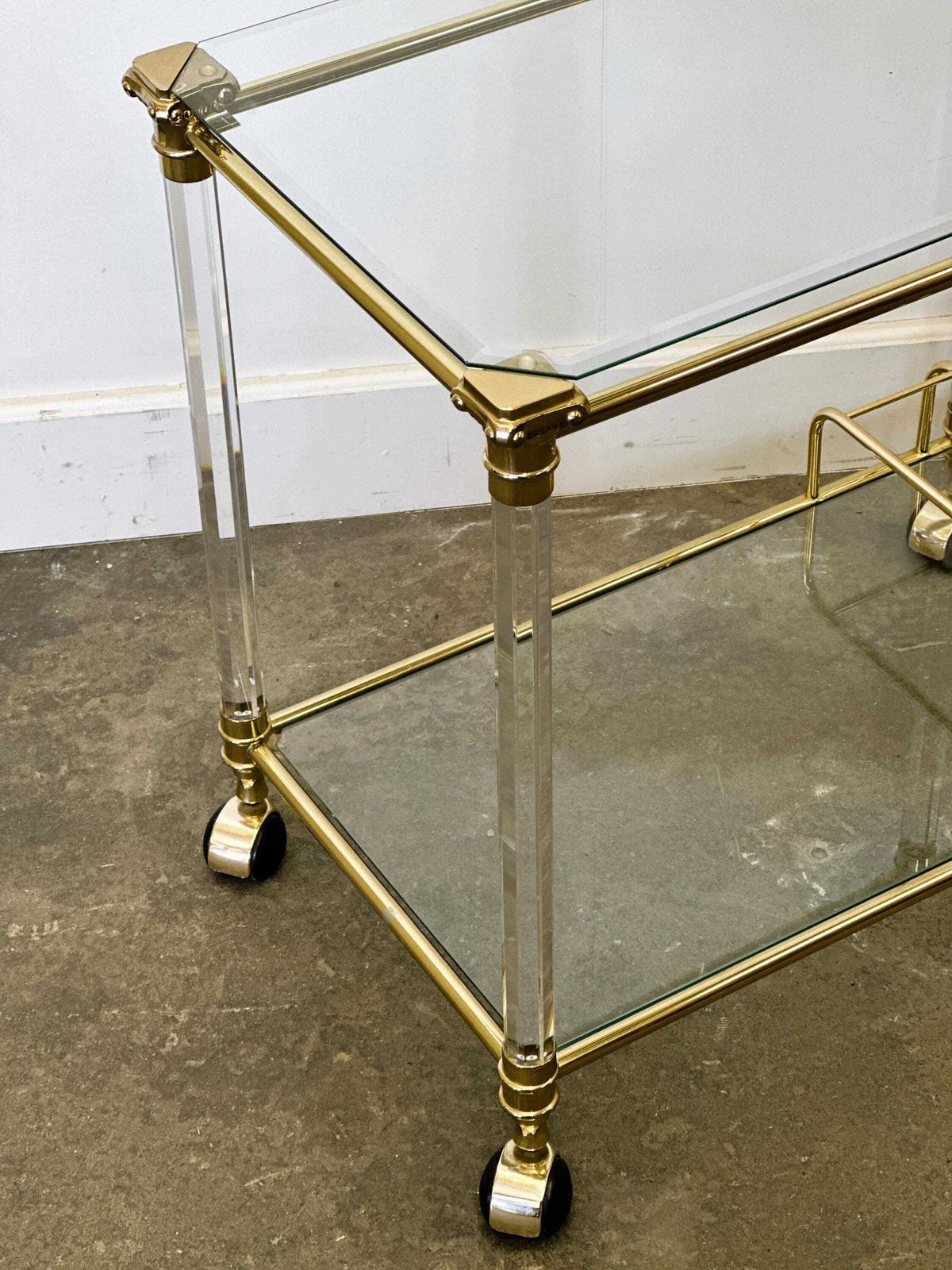 photo for sale Hollywood Regency Lucite And Brass Bar Cart, 1980s