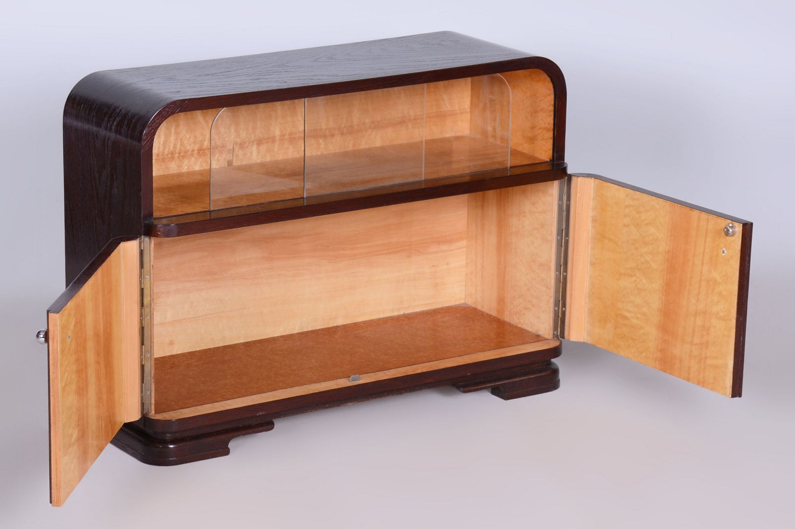 Restored Art Deco Cabinet, Oak, Maple And Glass, Polished, Czech, 1930s photo for sale