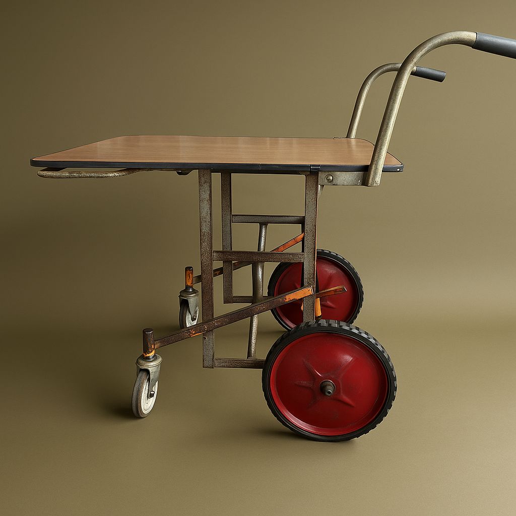 photo furniture Rare Mid Century Industrial Utility Cart With Formica Top & Red Wheels