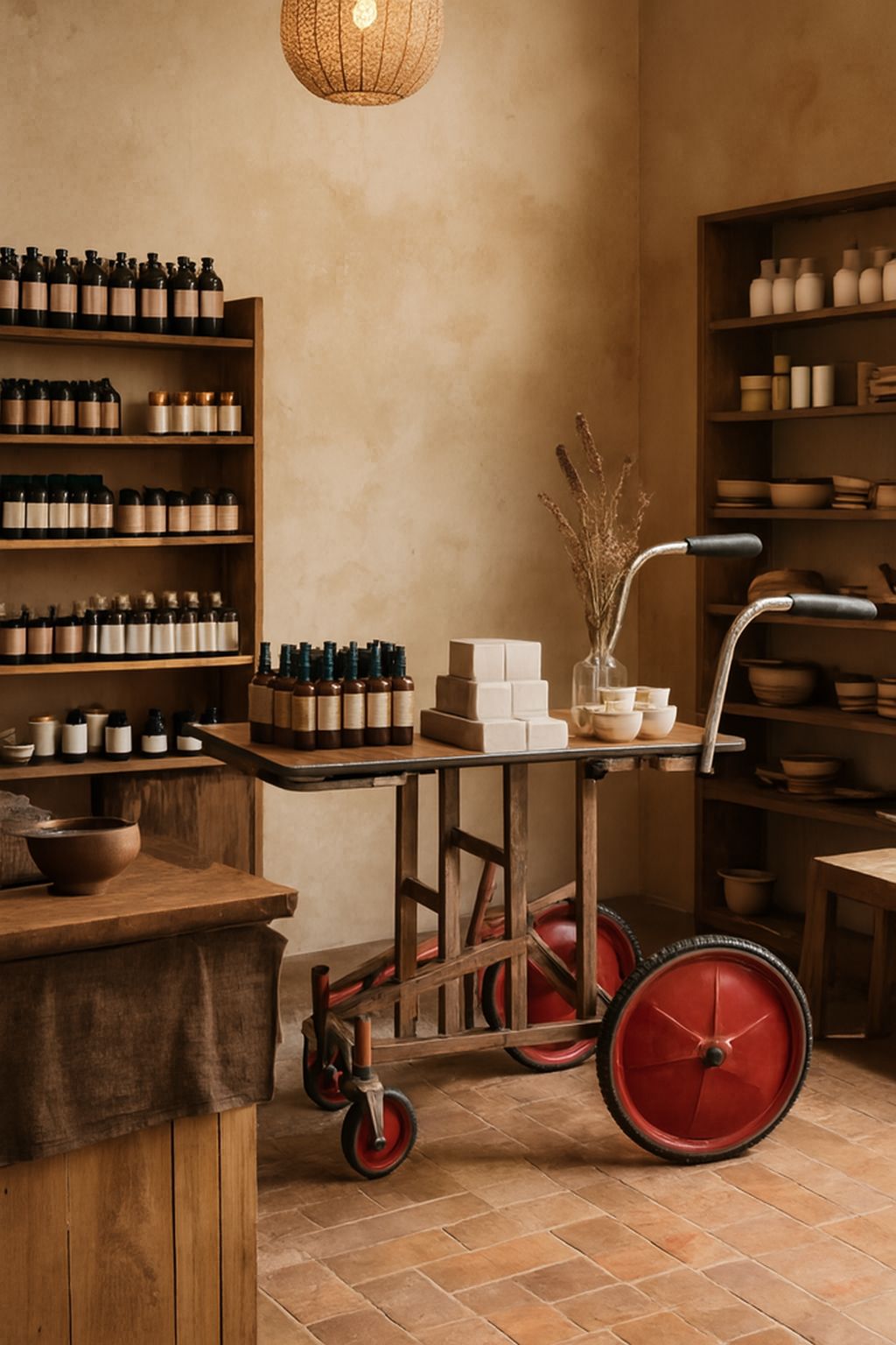 photo for sale Rare Mid Century Industrial Utility Cart With Formica Top & Red Wheels