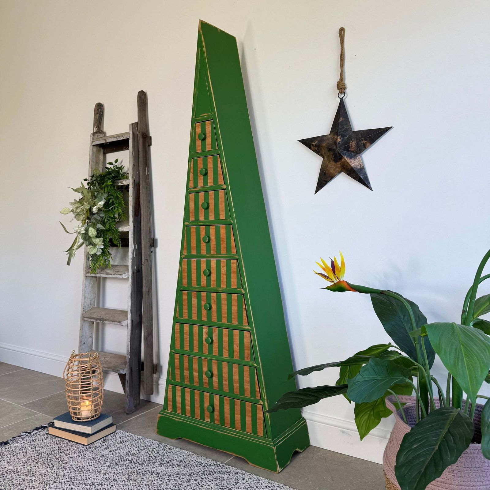 Unique Pyramid Triangular Chest Of Drawers Painted Stripey Bright Green photo for sale