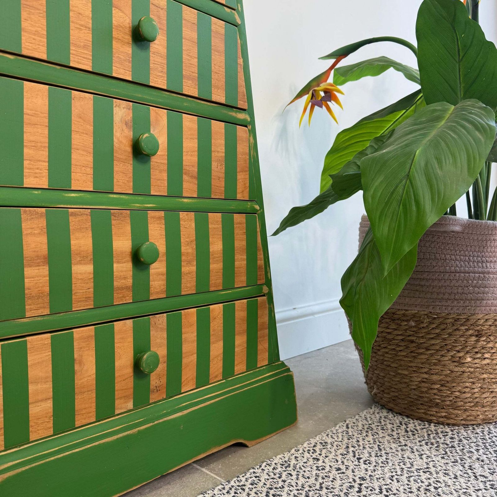 Unique Pyramid Triangular Chest Of Drawers Painted Stripey Bright Green photo Furniture