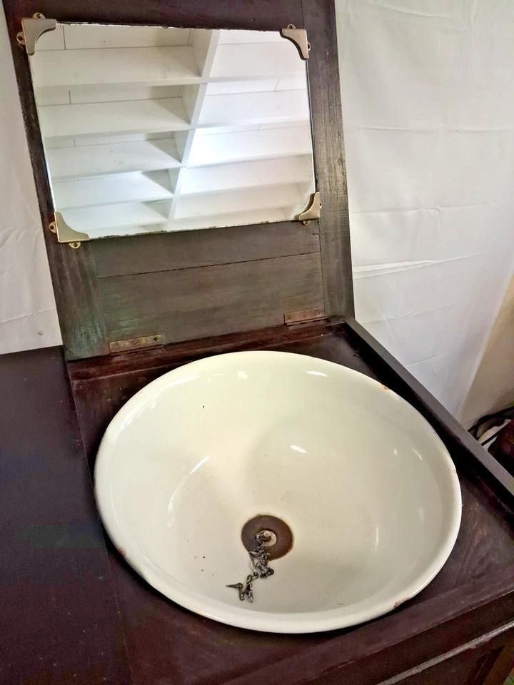 Antique Washstand With Enamelled Bowl & Lift Top Mirror photo for sale