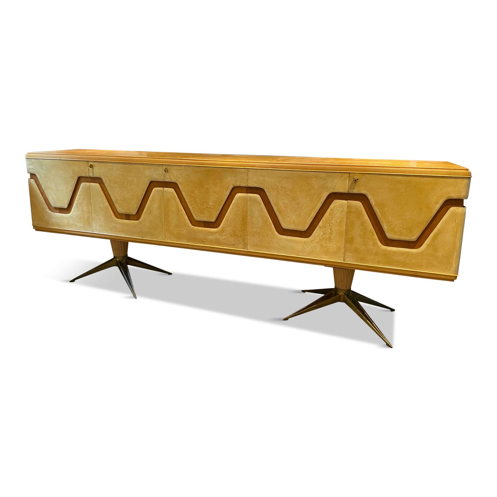Italian Midcentury Parchment And Walnut Sideboard With Brass Legs 1940s   Aldo Tura photo vintage