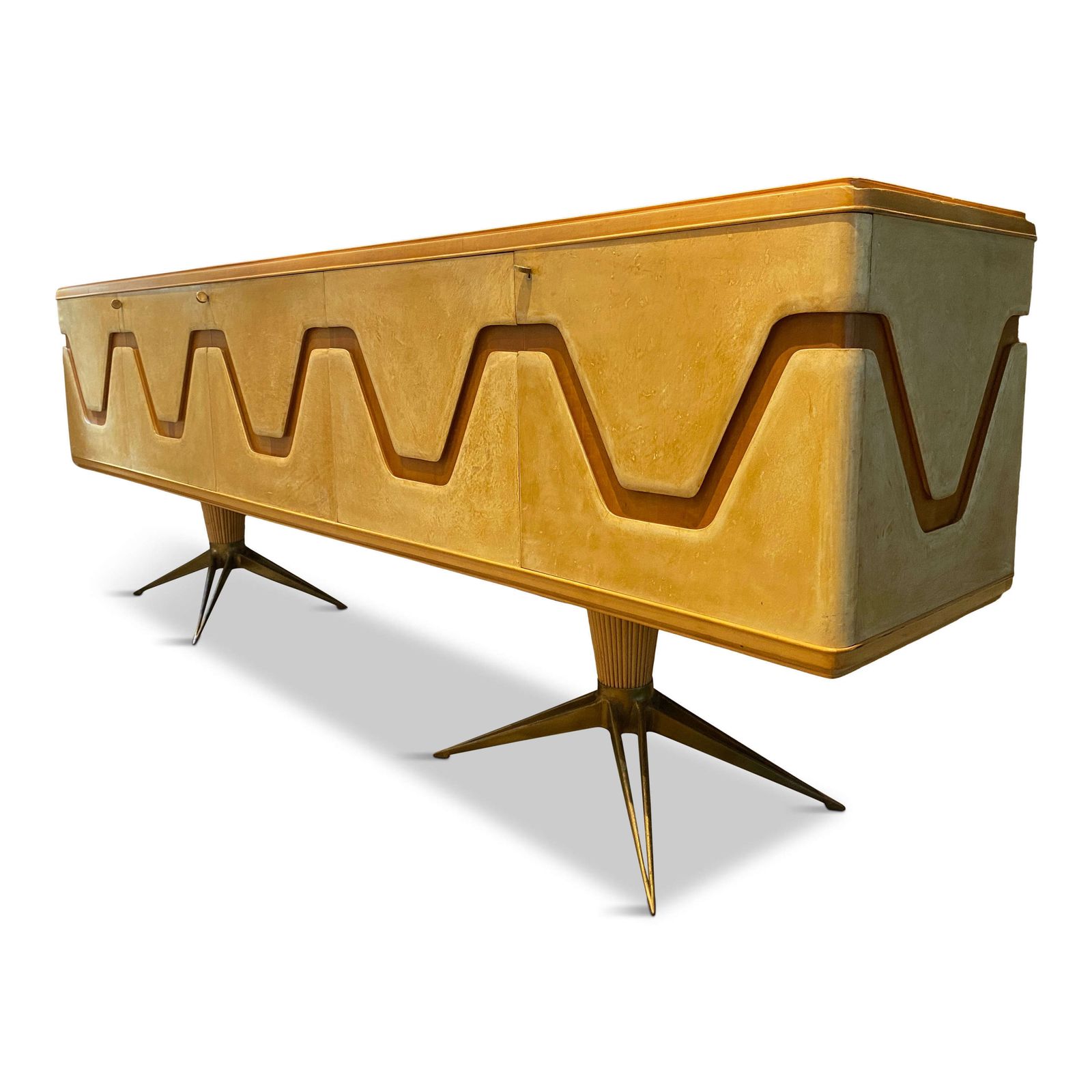 5000.0 Italian Midcentury Parchment And Walnut Sideboard With Brass Legs 1940s   Aldo Tura photo