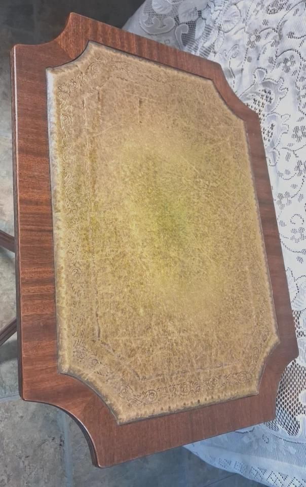 Vintage Tilt Top Wine Table With Brown Leather Inlay On Pedestal Base photo for sale