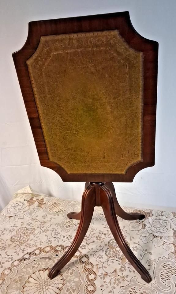 Vintage Tilt Top Wine Table With Brown Leather Inlay On Pedestal Base photo 130.0